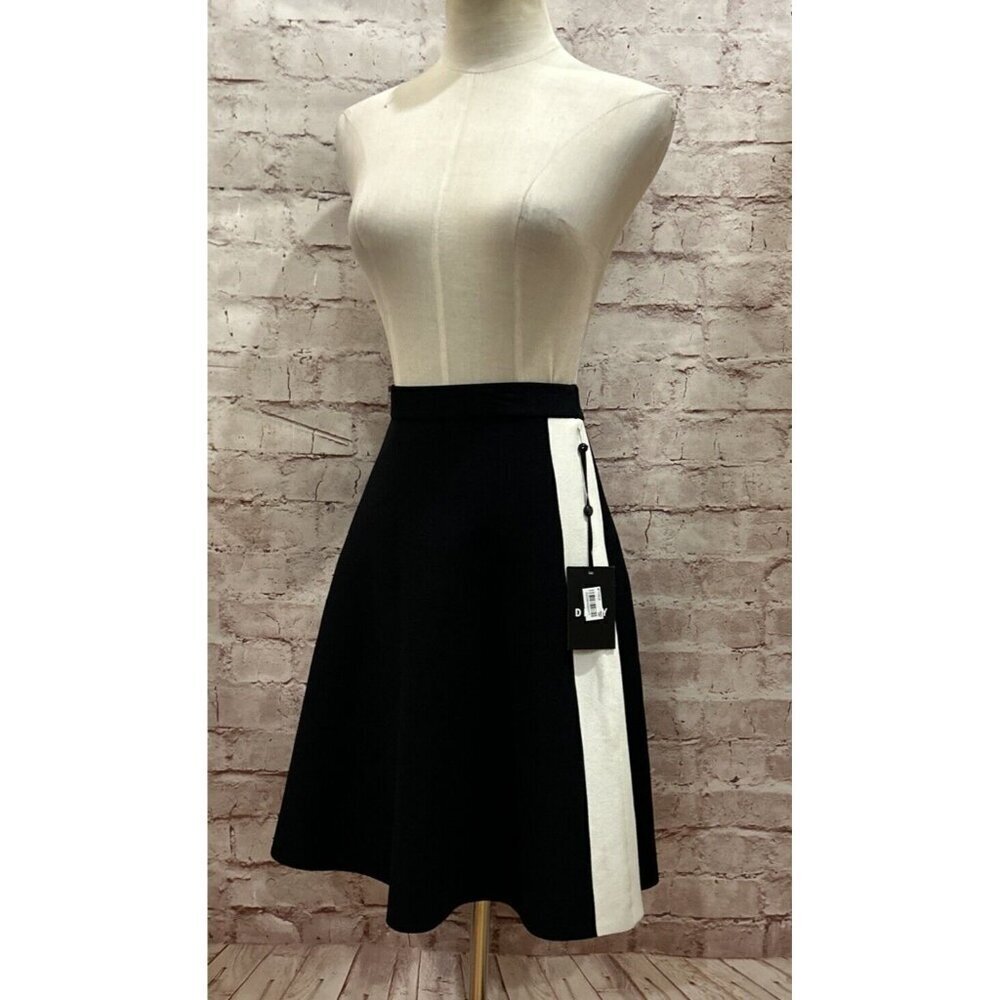 DKNY Womens Colorblocked A-line Skirt Black Knit White Side Stripe Size L NEW - Picture 1 of 4